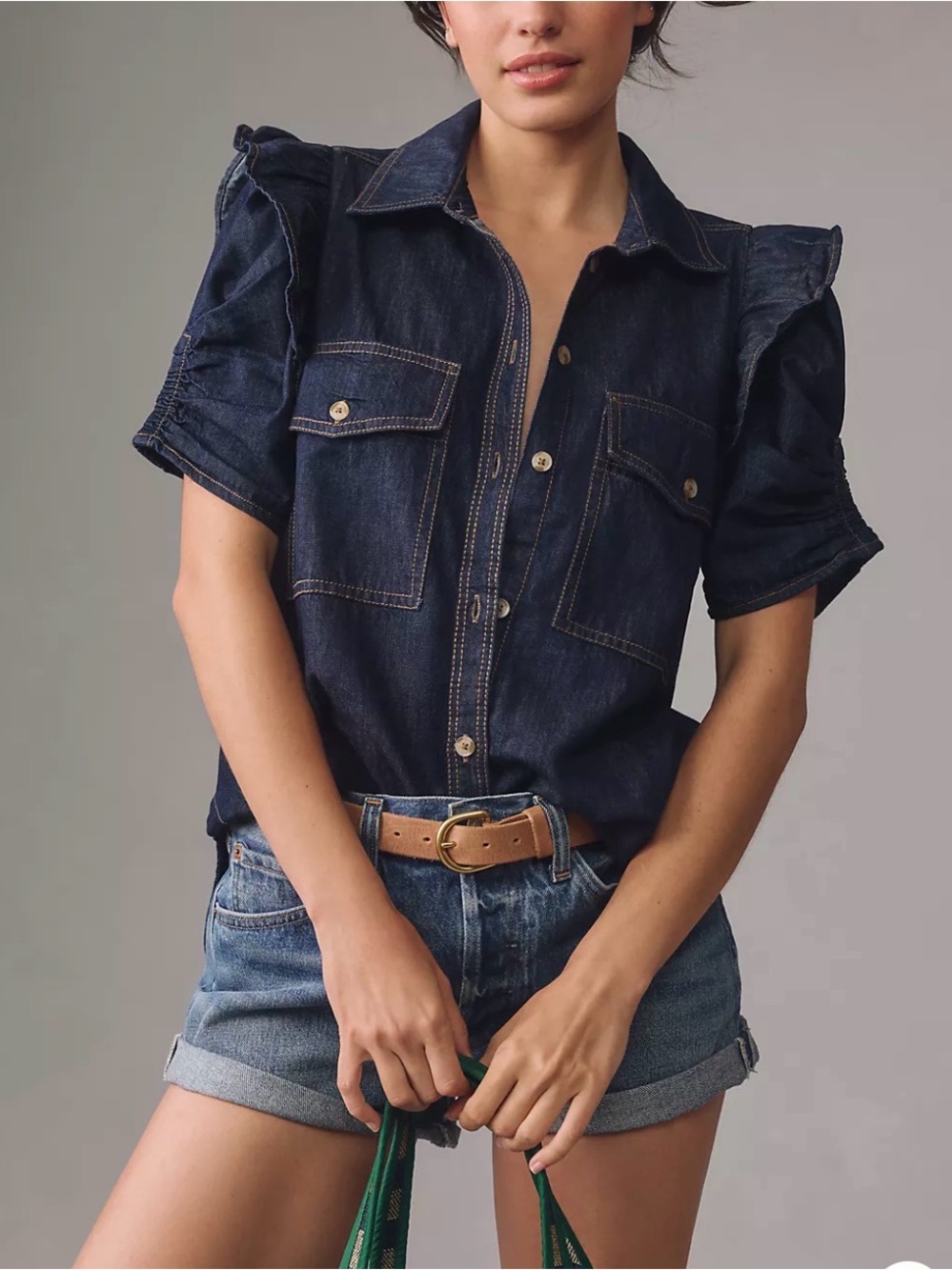 Anthropologie Pilcro Ozzi Ruffle Sleeve Buttondown Shirt Dark Denim Size Large